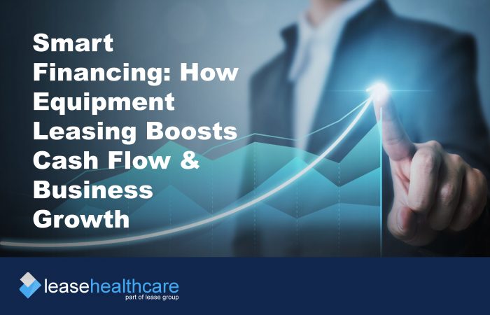 Cover image showing a man in suit in background with a business trajectory chart to illustrate how equipment leasing boosts cash flow and business growth