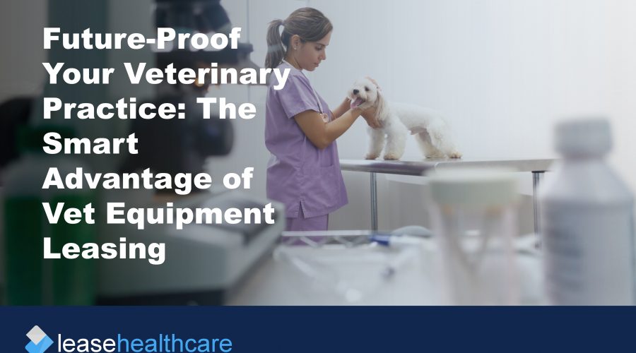 Image of veterinary examination room and a nurse in pink scrubs stroking a small white dog to demonstrate the benefits of vert equipment leasing
