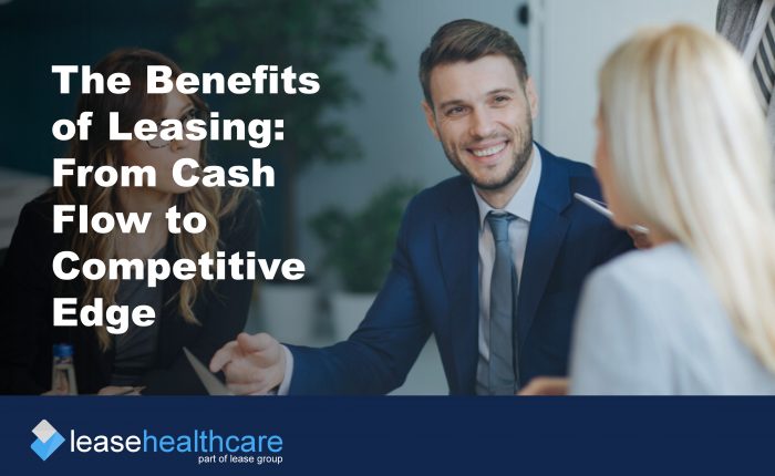 three people talking to illustrate discussing the benefits of leasing